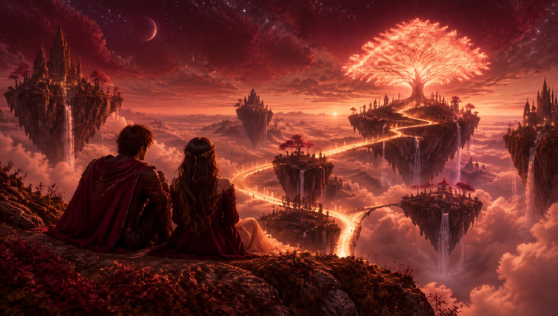 Two people on a cliff watching glowing floating islands