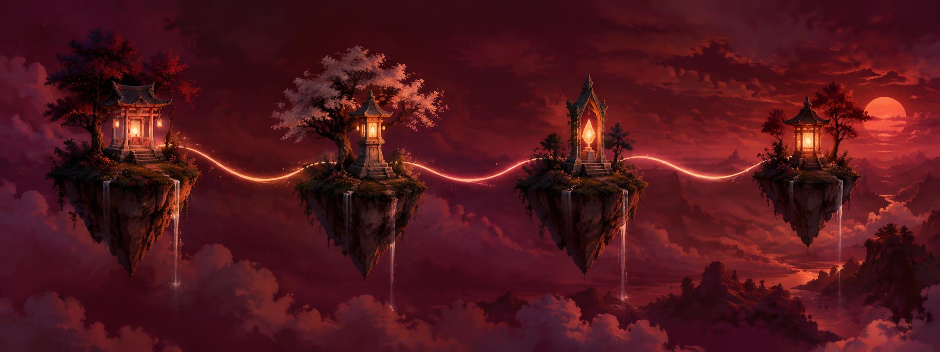 Four floating islands linked by a glowing path