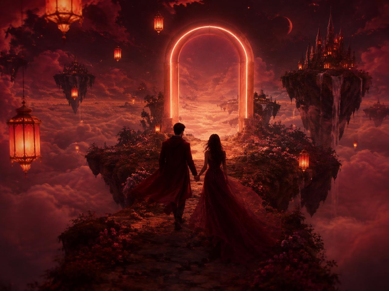 Couple walking toward a glowing portal